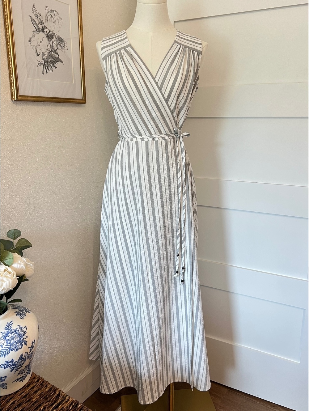 Calvin Klein Gray & White Striped Faux Maxi Dress